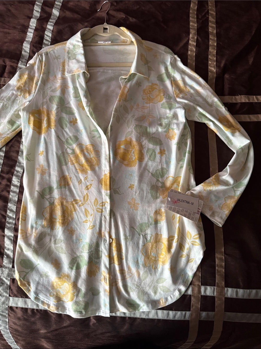 LuLaRoe White Button-Down Top with Yellow Floral and Green Leaves